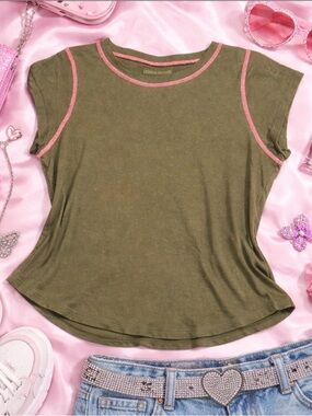 Zadig & Voltaire Olive Green Tee with Pink Contrast Stitching Sz S